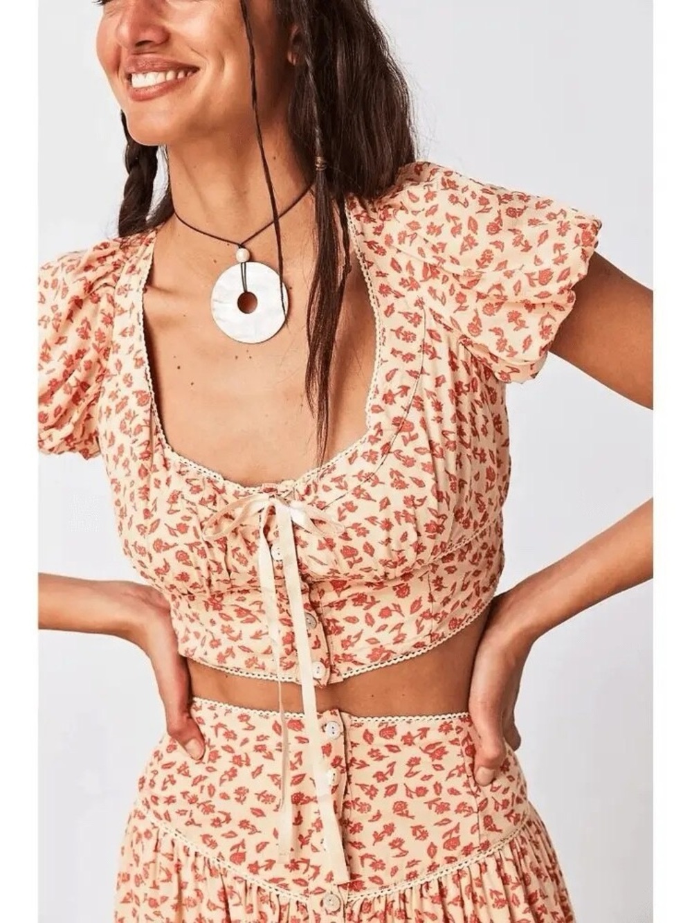 Free People Easy to Love Top Size S Floral Puff Sleeve Crop Top